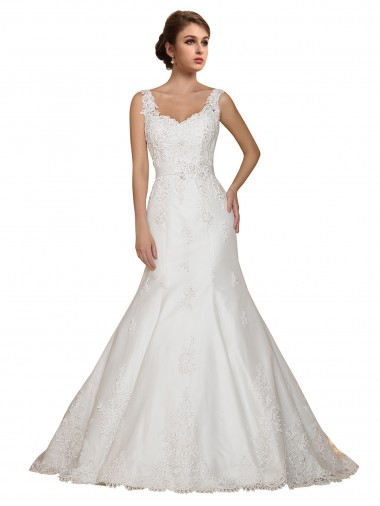 Ivory Mermaid V-Neck Cap Sleeves Chapel Train Wedding Dress Bolton