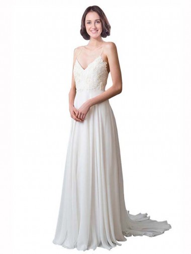 Ivory A-Line V-Neck Chapel Train Beach Wedding Dress Bolton