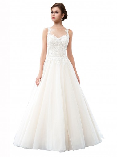 Ivory A-Line Illusion Neck Cathedral Train Beach Wedding Dress Bolton