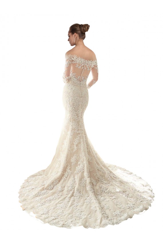 Ivory & Champagne Mermaid Off the Shoulder Chapel Train Wedding Dress Bolton