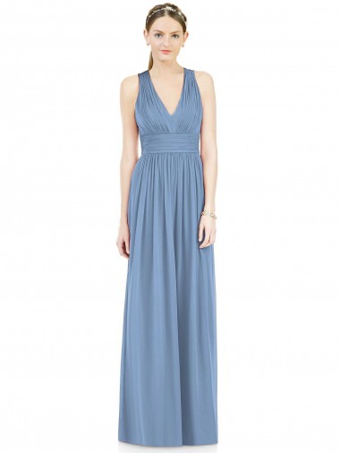 Dusty Blue A-Line V-Neck Long Bridesmaid Gowns Bolton