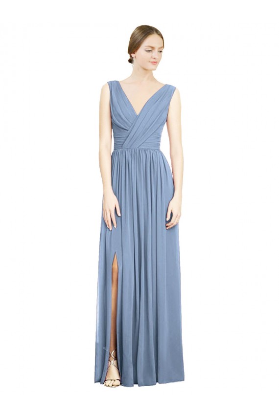 Dusty Blue A-Line V-Neck Long Semi Formal Evening Dress / Bridesmaid Dress Bolton