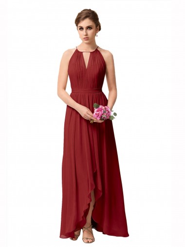 Burgundy A-Line High Neck High Low Bridesmaid Dress Bolton