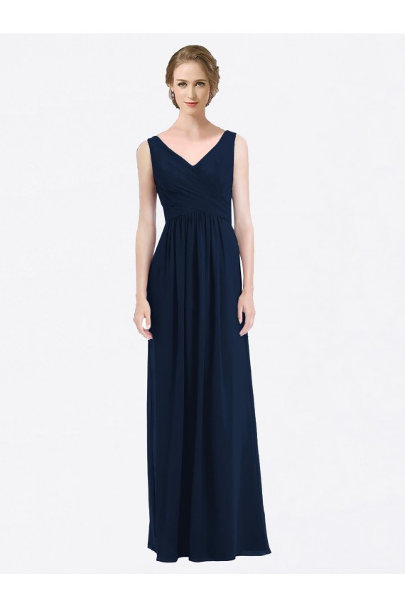 Low Back Dark Navy A-Line V-Neck Long Evening Gowns / Bridesmaid Dress Bolton