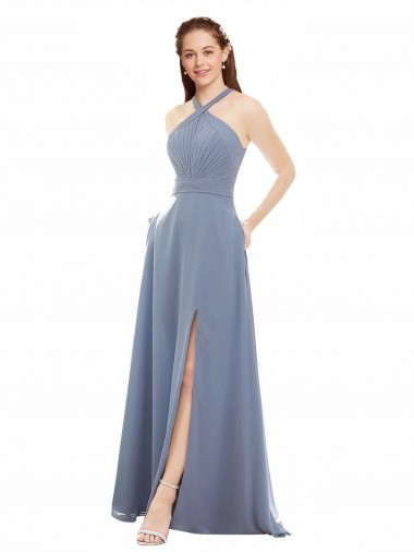 Dusty Blue A-Line High Neck Long Evening Dress / Bridal Party Dress Bolton