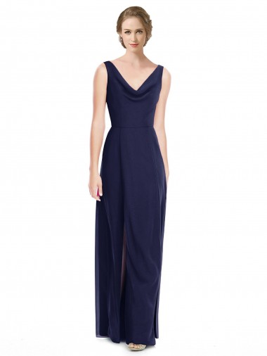 V-Back Dark Navy A-Line Cowl Neck Long Bridesmaid Dress Bolton