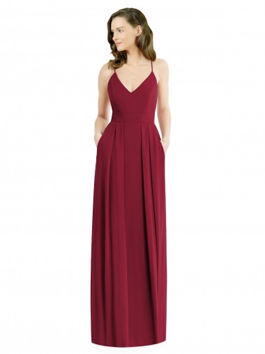 Open Back Burgundy A-Line V-Neck Long Semi Formal Evening Dress / Bridesmaid Dress Bolton