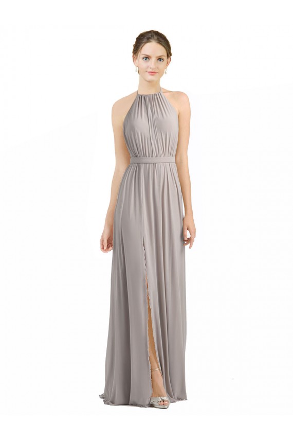 Low Back Oyster Silver A-Line Halter Neck Long Bridesmaid Dress Bolton