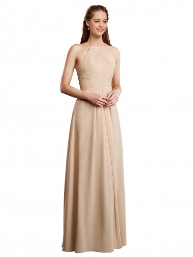 Low Back Champagne A-Line Halter Neck Long Bridesmaid Dress Bolton