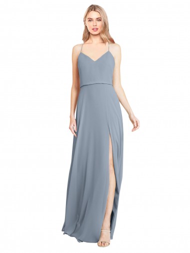 Open Back Dusty Blue A-Line V-Neck Long Bridesmaid Gowns Bolton