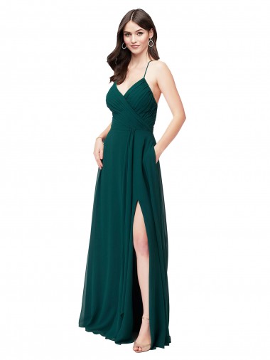 Open Back Hunter Green A-Line V-Neck Long Wedding Party Dress Bolton