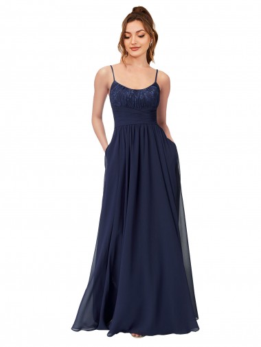 Low Back Dark Navy A-Line Scoop Neck Long Bridesmaid Dress Bolton