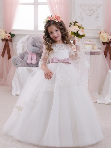 Ivory Ball Gowns Bateau Neck Chapel Train Flower Girl Dress Bolton