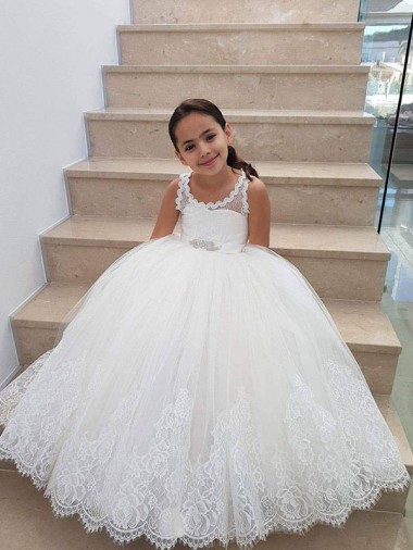 Keyhole Back Ivory Ball Gown High Neck Long Flower Girl Dress for Wedding Bolton