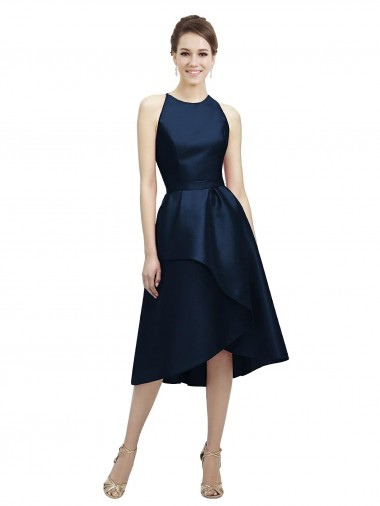 Dark Navy A-Line Jewel Neck Tea Length High Low Bridesmaid Dress Bolton