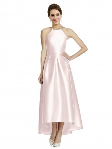 Open Back Pink A-Line Halter Neck Long High Low Bridesmaid Dress Bolton