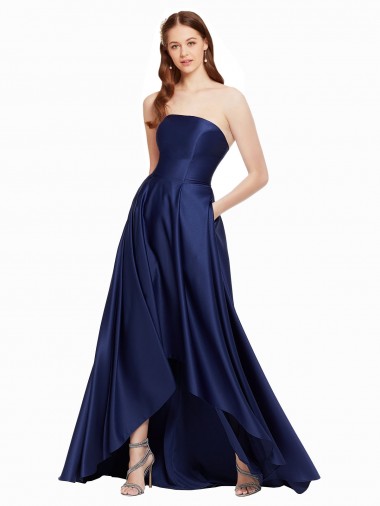 Low Back Dark Navy A-Line Strapless Long High Low Evening Gown / Prom Dress / Bridesmaid Dress Bolton