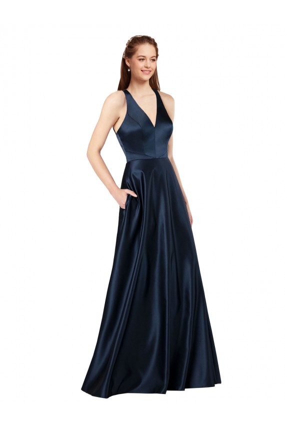 Keyhole Back Dark Navy A-Line V-Neck Long Formal Evening Gown / Prom Dress / Bridesmaid Dress Bolton