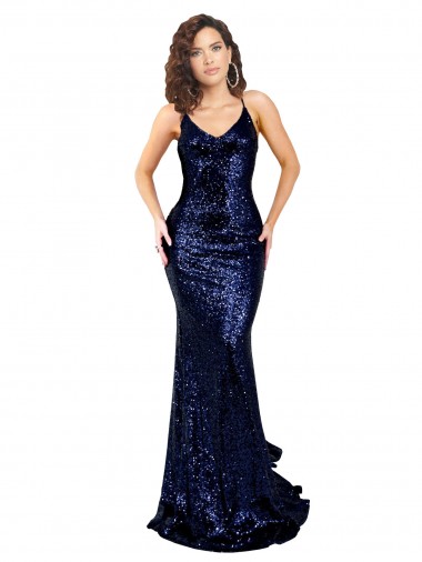 Open Back Dark Navy Mermaid V-Neck Long Formal Evening Gown / Prom Dress / Bridesmaid Dress Bolton