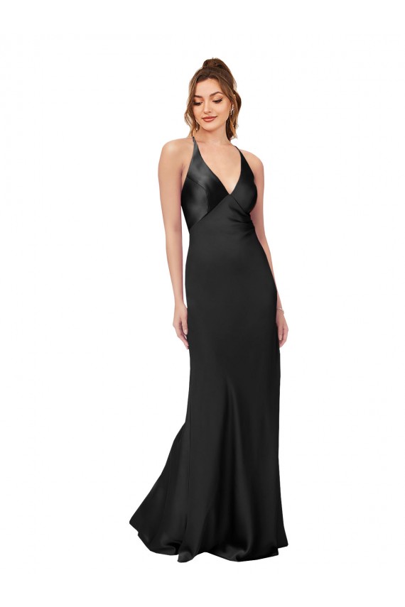 Open Back Black Sheath V-Neck Long Black Tie Evening Gown / Prom Dress / Bridesmaid Dress Bolton