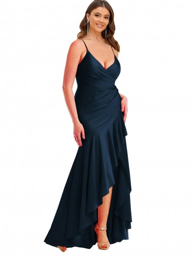 Dark Navy Mermaid Spaghetti Straps Long High Low Plus Size Evening Gown / Prom Dress / Bridesmaid Dress Bolton