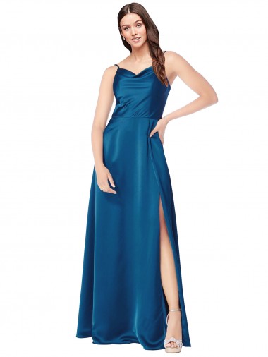 Low Back Peacock Blue A-Line Cowl Neck Long Formal Evening Gown / Prom Dress / Bridesmaid Dress Bolton