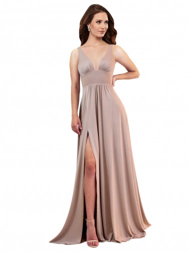 Low Back Dusty Pink A-Line V-Neck Long Black Tie Evening Gown / Prom Dress / Bridesmaid Dress Bolton