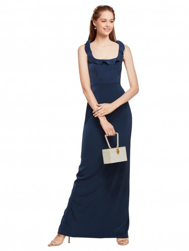 Low Back Dark Navy Sheath Scoop Neck Long Formal Evening Gown / Prom Dress / Bridesmaid Dress Bolton