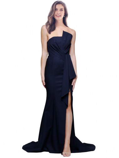 Low Back Dark Navy Sheath Strapless Sweep Train Semi Formal Evening Dress / Prom Dress / Bridesmaid Dress Bolton