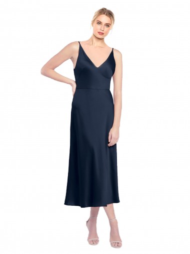 V-Back Dark Navy A-Line V-Neck Sleeveless Midi Length Formal Evening Gown / Prom Dress / Bridesmaid Dress Bolton