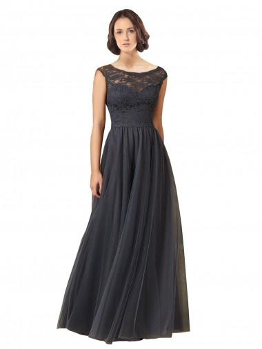 Slate Grey A-Line Bateau Neck Long Bridesmaid Dress Bolton