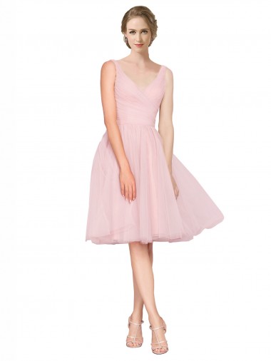 Pink A-Line V-Neck Knee Length Bridesmaid Gown Bolton