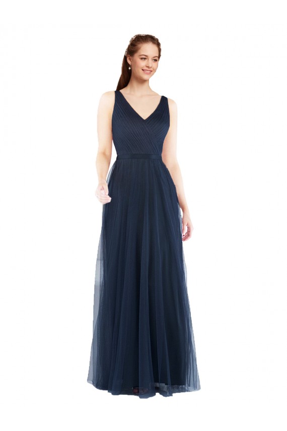 V-Back Dark Navy Sheath V-Neck Long Bridesmaid Dress Bolton