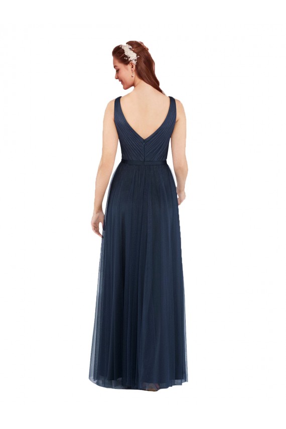 V-Back Dark Navy Sheath V-Neck Long Bridesmaid Dress Bolton