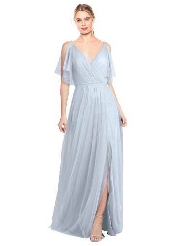 V-Back Light Sky Blue A-Line V-Neck Flutter Sleeves Long Bridesmaid Dress / Evening Dress Bolton