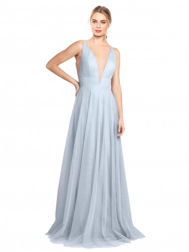 V-Back Light Sky Blue A-Line V-Neck Long Floor Length Bridesmaid Dress Bolton