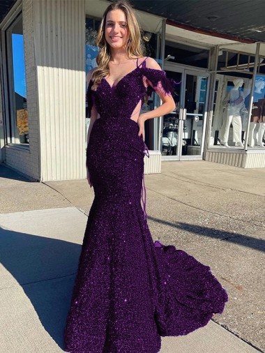 Plum Purple Sheath V-Neck Court Train Prom Dress / Evening Dress Bolton