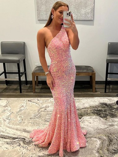 Pink Sheath One Shoulder Sweep Train Prom Dress Bolton