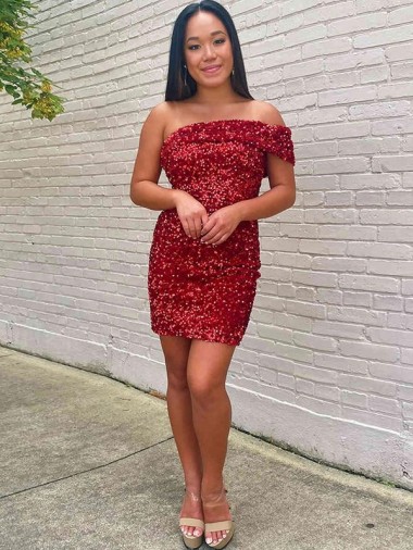 Burgundy Sheath One Shoulder Short Prom Dress Bolton