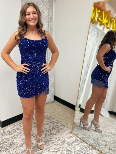 Royal Blue Sheath Spaghetti Straps Short Prom Dress Bolton