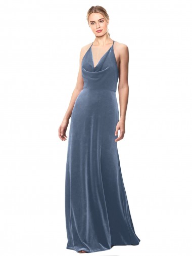 Keyhole Back Dusty Blue A-Line Cowl Neck Long Prom Dress / Bridesmaid Dress Bolton