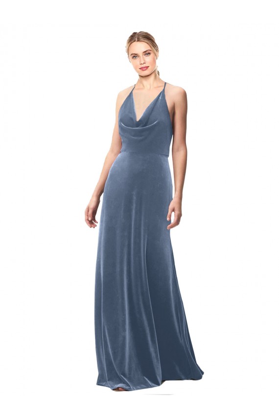 Keyhole Back Dusty Blue A-Line Cowl Neck Long Prom Dress / Bridesmaid Dress Bolton