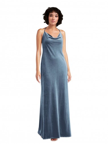 V-Back Dusty Blue Sheath Cowl Neck Long Bridesmaid Dress / Evening Dress Bolton