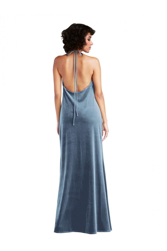 V-Back Dusty Blue Sheath Cowl Neck Long Bridesmaid Dress / Evening Dress Bolton