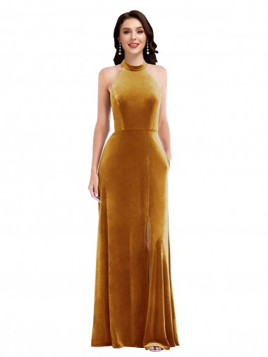 Keyhole Back Gold Trumpet High Neck Long Semi Formal Evening Dress / Prom Dress / Bridesmaid Dress Bolton