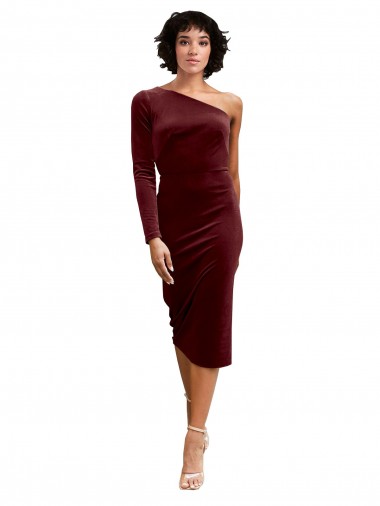 Burgundy A-Line One Shoulder Midi Length Black Tie Prom Dress / Bridesmaid Dress Bolton